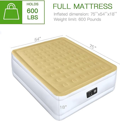YENING Full Size Air Mattress with Built in Pump Raised Double Blow up Bed Inflatable Camping Airbed Electric 18 Inch Tall Beige