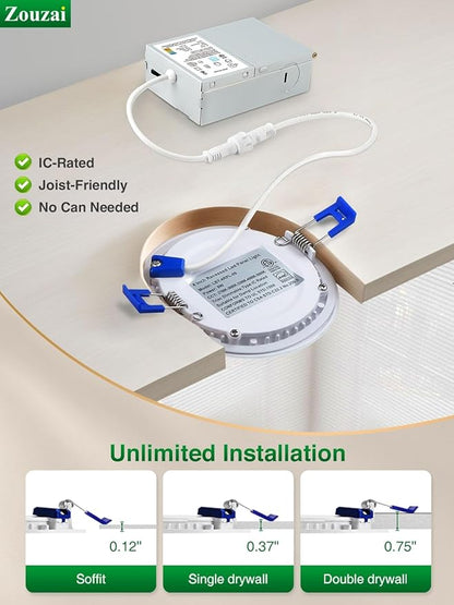 zouzai 12 Pack 6 Inch 6000k/5000k/4000k/3000k/2700k 5CCT Selectable Ultra-Thin LED Recessed Ceiling Light with Junction Box,12W Eqv 110W,Dimmable, led can Lights- ETL and Energy Star Certified
