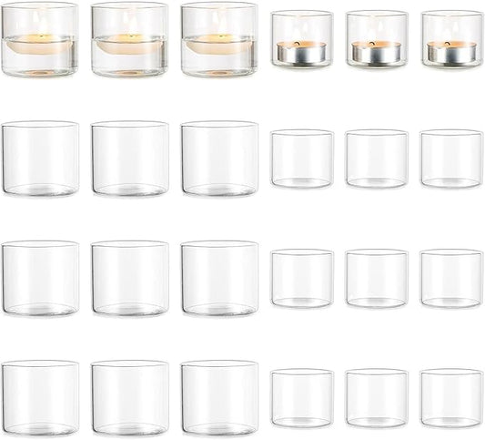 Romadedi Votive Tealight Candle Holders - 24 pcs Clear Glass Tea Light Holders Bulk Small Table Centerpieces Wedding Decor Party Dinner Home Decorations Festivals Christmas