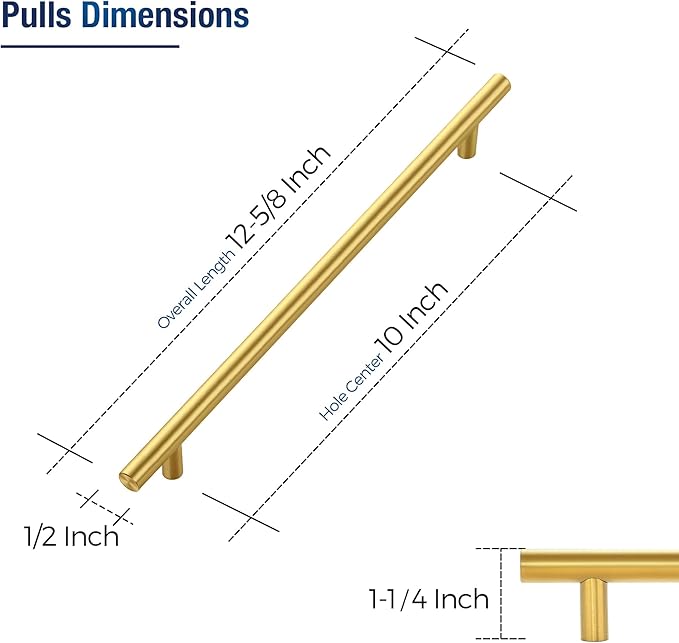 JOY DECOR 3 Pack Cabinet Handles, Gold Cabinet Pulls, 10 in Hole Center Kitchen Cabinet Handles, Stainless Steel T Bar Handles for Dresser Drawers