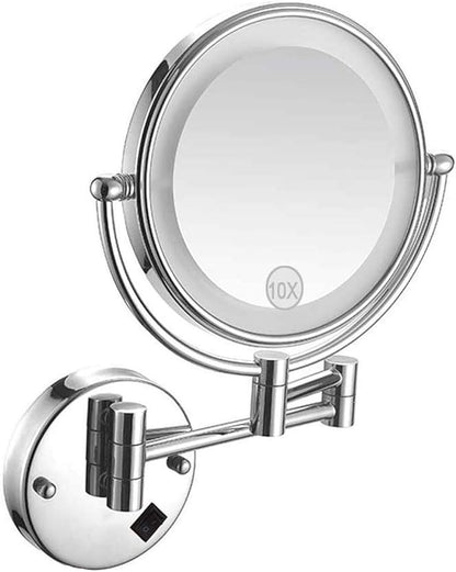 8Inch 10X Magnifier with LED Light Wall-Mounted Bathroom Mirror Wall Mounted Makeup Mirror Extended to 17 Inches Powered by USB Charging for Bathroom Hotels,Chrome (Color : Chrome)