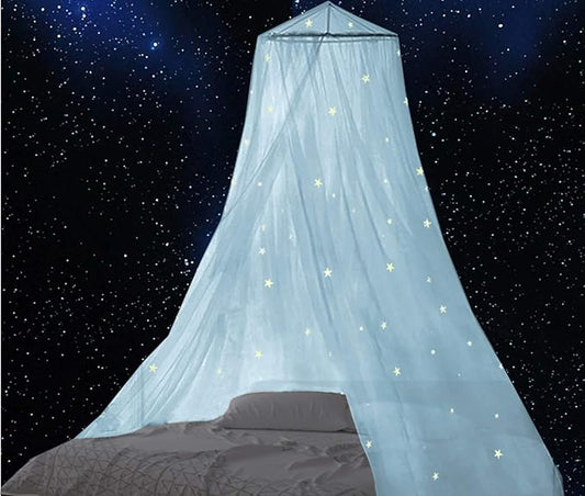BCBYou Baby Canopy Mosquito Net with Fluorescent Stars, Glow in Dark for Kids, Adults & Full Size Bed (Light Blue)