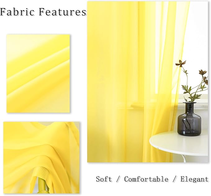 DUALIFE Bright Yellow Sheer Curtains 54 Inch Length for Kitchen 2 Panels Grommet Semi Sheer Short Curtains for Bathroom Small Windows Basement Vibrant Lemon Yellow Wide 52 by L54 Inches Long