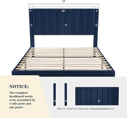 Allewie Full Platform Bed Frame/Velvet Upholstered Bed Frame with Vertical Channel Tufted Headboard/Strong Wooden Slats/Mattress Foundation/Box Spring Optional/Easy Assembly/Navy Blue