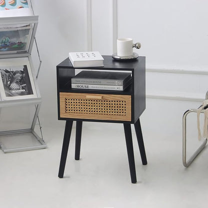 MaxSmeo Mid Century Modern Nightstand with Charging Station, Bedside Tables with Rattan Drawer, Small Wood Nightstand Side Table for Living Room,Bedroom (Black)