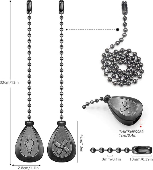 Black Ceiling Fan Pull Chain, 4Pcs 12 Inches Decorative Fan Pull Chain Ornaments Extension, 3mm Diameter Beaded Ball Fan Pull Chain Extender with Connector (4 Pack)