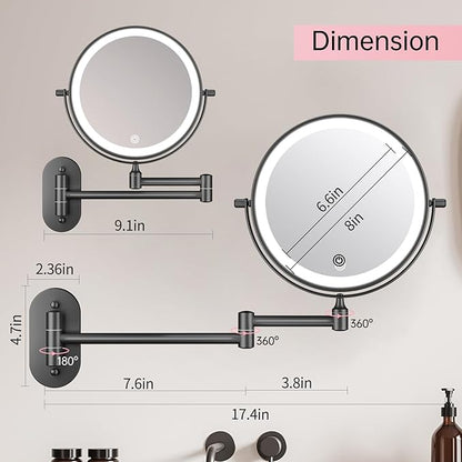 FUNTOUCH Rechargeable Wall Mounted Lighted Makeup Vanity Mirror 8 Inch Double Sided 1X 10X Magnifying Bathroom Mirror, 3 Color Lighting, Touch Dimming, Extended Arm 360 Rotation Light up Mirror Black