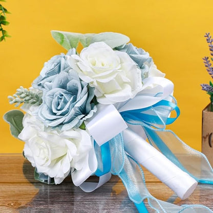 Artificial Rose Wedding Bouquet - Ribbon Decor for Bride & Bridesmaid