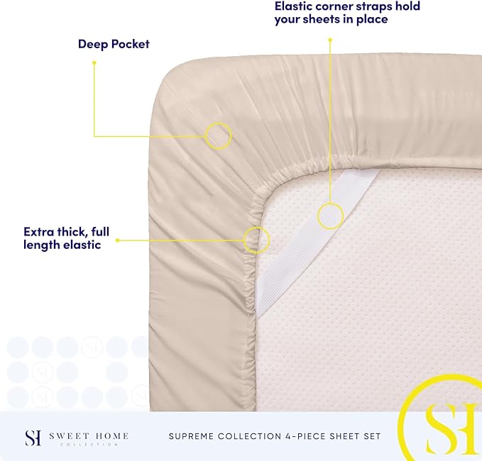 Split King Sheets - Breathable Luxury Sheets with Full Elastic & Secure Corner Straps Built In - 1800 Supreme Collection Extra Soft Deep Pocket Bedding Set, Sheet Set, Split King Size, Beige
