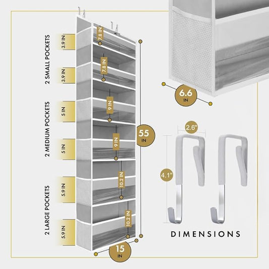 HOMELUX THEORY 2 PC Heavy Duty Over the Door Organizer 55x14x6.7, 6 Large Front & 12 Side Pockets, Hanging Storage Closet Door Organizer for Bedroom, Bathroom and Baby Nursery Storage (Light Gray)