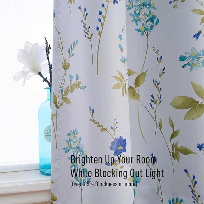 Linentalks Floral Blackout Curtains 63 Inch Length 2 Panels Set, Short Thermal Insulated Patterned Blackout Curtains for Living Room, Grommet Room Darkening Curtains Green Blue Black Out Curtains