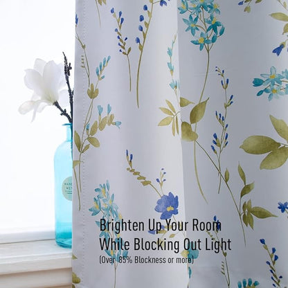 Linentalks Floral Blackout Curtains 63 Inch Length 2 Panels Set, Short Thermal Insulated Patterned Blackout Curtains for Living Room, Grommet Room Darkening Curtains Green Blue Black Out Curtains
