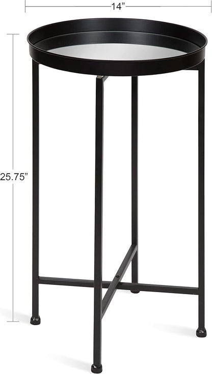 Kate and Laurel Celia Round Metal Foldable Accent Table with Mirror Tray Top, Black