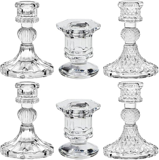 Glass Candlestick Holders Set of 6, Taper Candle Holder for Wedding Festival Christmas Party Valentine's Decor, Table Centerpieces
