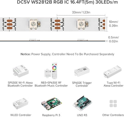 BTF-LIGHTING WS2812B RGB ECO LED Strip, Chasing Effects 5050SMD Individually Addressable 16.4FT 30Pixels/m 150Pixels Flexible Dream Color IP67 for Bedroom DIY Projects DC5V(No Adapter or Controller)