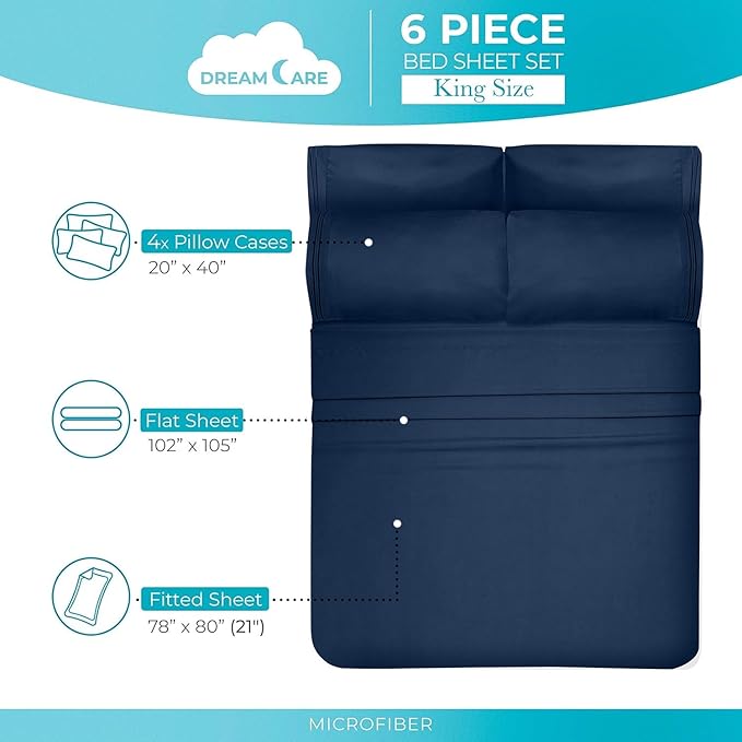 DREAMCARE King Size Sheets Set – 6 pcs Cooling Bed Sheets – up to 15” Deep Pocket King Sheet Set – 2500 Supreme Collection – Extra Soft 100% Brushed Microfiber Hotel Luxury with Side Pocket – N Blue