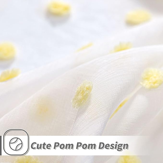 MYSKY HOME Kitchen Curtains 54 Inch Long Small Window Curtains for Bathroom Cafe Bedroom Yellow Pom Pom Curtains for Nursery Boys Room Rod Pocket 2 Pieces Drapes 52 x 54 inch Length
