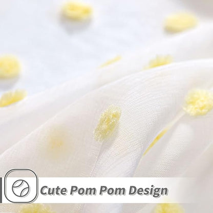 MYSKY HOME Kitchen Curtains 54 Inch Long Small Window Curtains for Bathroom Cafe Bedroom Yellow Pom Pom Curtains for Nursery Boys Room Rod Pocket 2 Pieces Drapes 52 x 54 inch Length