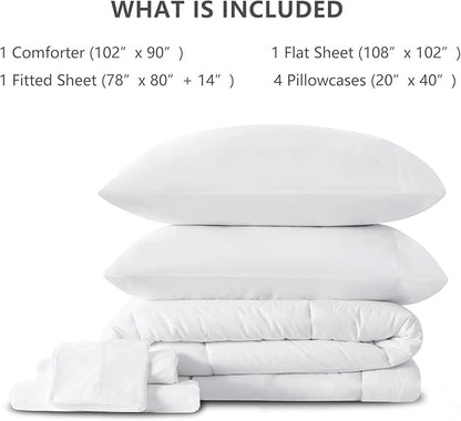 CozyLux King Size Comforter Set White, 7 Pieces Bed in a Bag, White Comforter King Size, All Season Bedding Sets with Stitch Quilted Comforter, Flat Sheet, Fitted Sheet, Pillowcases