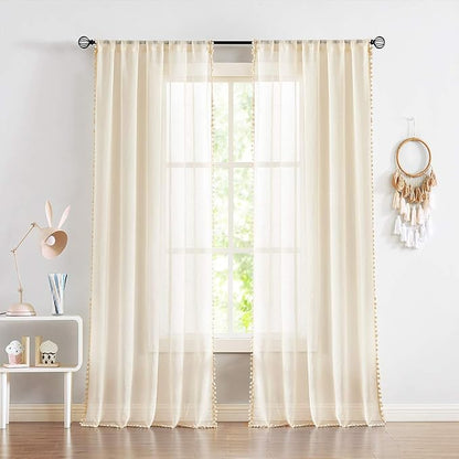 Treatmentex Sheer Linen-Look Curtains 95in Bedroom Decorative Pompom Trimmed Voile for Living Room Slub Textured Natural Window Curtain Panels 2pcs