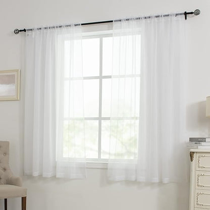 HUTO 2 Panels Small White Sheer Curtains 45 inches Long Rod Pocket Sheer Window Drapes Panels for Kitchen Bathroom