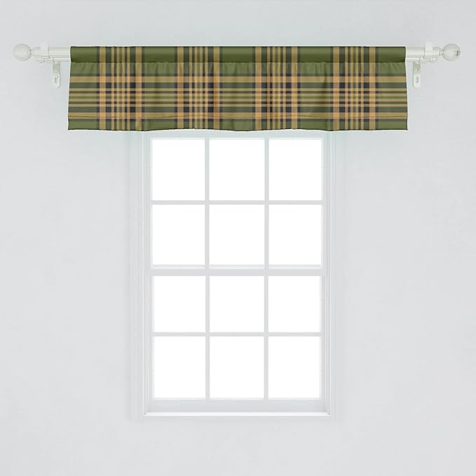 Lunarable Plaid Window Valance Pack of 2, Tartan Pattern in Autumn Tones Old Fashioned Design Country Illustration, Rod Pocket Curtain Valances for Kitchen Bedroom, 54" X 12", Olive Green