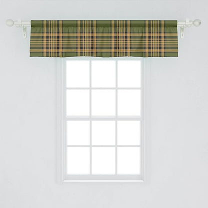 Lunarable Plaid Window Valance Pack of 2, Tartan Pattern in Autumn Tones Old Fashioned Design Country Illustration, Rod Pocket Curtain Valances for Kitchen Bedroom, 54" X 12", Olive Green