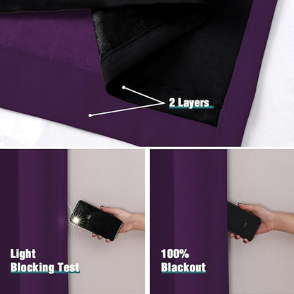 ChrisDowa 100% Blackout Curtains for Bedroom with Black Liner, 2 Thick Layers Total Blackout Thermal Insulated Grommet Window Curtains 2 Panels Set (Royal Purple, 52 x 54 Inch)