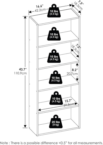 Furinno Basic Book Shelf, 5-Tier Bookshelf, Cube Storage Organizer Bookcase with Open Shelf, 7 x 17 x 44, for Living Room, Bedroom, Home Office, Amber Pine