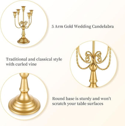 Romadedi Candelabra Gold Candle Holders - 5 Arm 11.8" Wedding Candlestick Holder for Theme Party Table Centerpiece Decor Dining Room Birthday Holiday Christmas, Set of 6