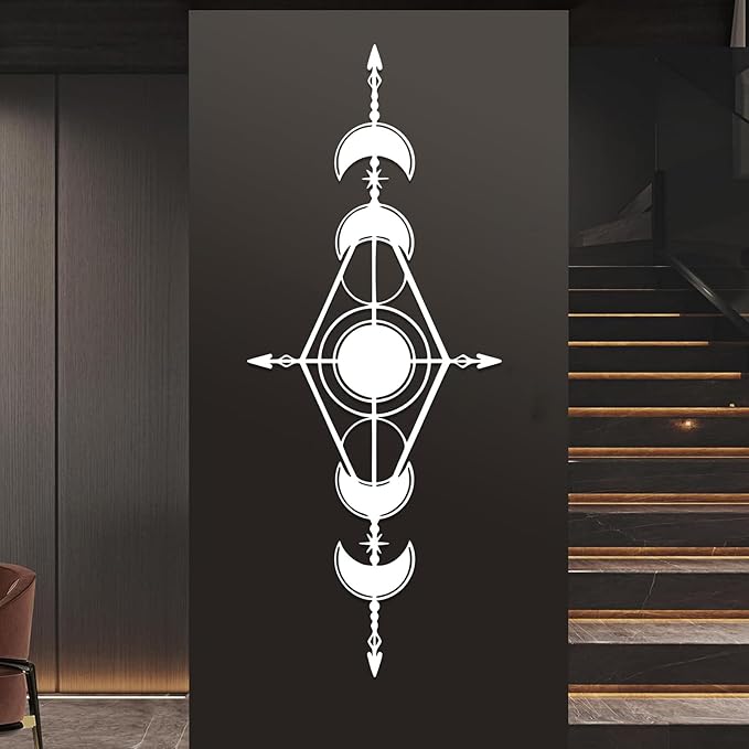 Hfrolixit Moon Phase Metal Wall Decor, Boho Moon Metal Wall Art, Celestial Wall Decor, Scandinavian Natural Wall Art, Astrology Wall Hanging (White, 59"x24"/150x60cm)