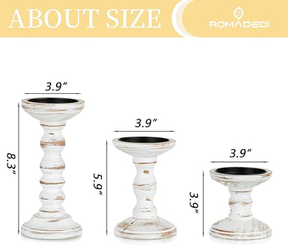 Romadedi Wood Candle Holders for Pillar Candles - Set of 3 Tall Farmhouse Wooden Candlestick Holder, Rustic Candle Stand for Fireplace Mantle Shelf Table Home Decor, Brown Whitewashed 3.9"/6"/ 8.3"