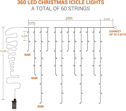 Brizled Blue Icicle Lights, 29ft 360 LED Christmas Icicle Lights with Remote, 8 Modes Christmas Roof Light with 60 Drops, Connectable Xmas Eave Light Outdoor Drop Lighting for Xmas Wedding Holiday