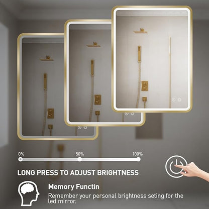 24X32 Inch LED Bathroom Mirror with Lights,Gold Framed Wall Mounted Lighted Vanity Mirrors,Anti Fog Design&Dimmable&Touch Switch,Light up Mirror (Horizontal/Vertical)