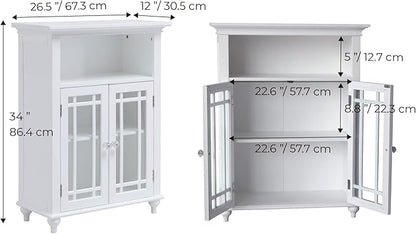 Teamson Home Neal Wooden Freestanding Floor Cabinet with 1 Adjustable Shelf 3 Storage Spaces 2 Glass Doors and 2 Clear Knobs, White