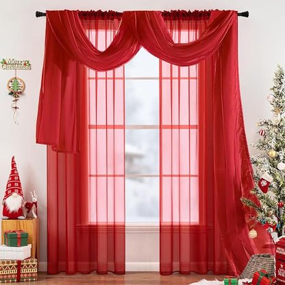 MIULEE Christmas Sheer Window Scarf Valance Extra Long Topper Elegant Swag Curtains Luxury Draping Fabric for Wedding Arch Party Ceremony Canopy Bed Living Room, 54'' x 144'', 1 Panel Red