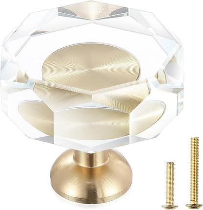 2-Pack 1-1/4-Inch White Cabinet Glass Crystal Patterned knob Brass Drawer Dresser Pulls, Gold Hardware Kitchen Closet knobs for Bifold Doors