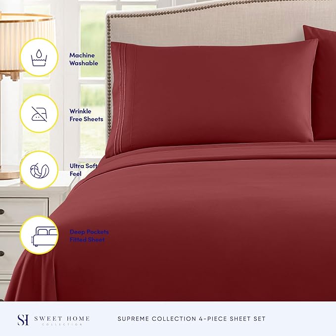 RV Queen Bed Sheets - Breathable Luxury Sheets with Full Elastic & Secure Corner Straps Built In - 1800 Supreme Collection Extra Soft Deep Pocket Bedding Set, Sheet Set, RV Short Queen, Burgundy