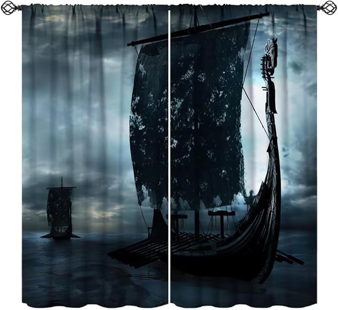 Viking Ship Curtains, Night Scene with Black Vikings Dragon Ship Sailing, Vintage Ancient Scandinavian Nautical Print Blackout Window Drapes for Boys Bedroom Living Room 72x63in