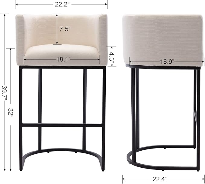 Modern Counter Height Linen Upholstered Bar Stools Set of 4, 32" Kitchen Counter Island Stools Bar Chairs with Black Metal Frame for Kitchen Island, Cream
