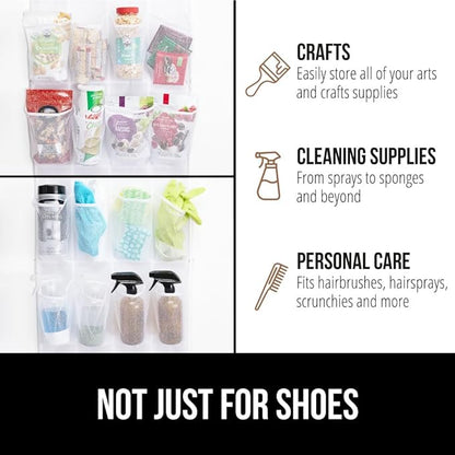 GORILLA GRIP Over the Door Shoe Organizer, 24 Large Breathable Mesh Pockets, Space Saving Hanging Storage Holder, Closet Rack Hanger Holds Up to 40 lbs, Hangs on Closets for Shoes, Accessories, White