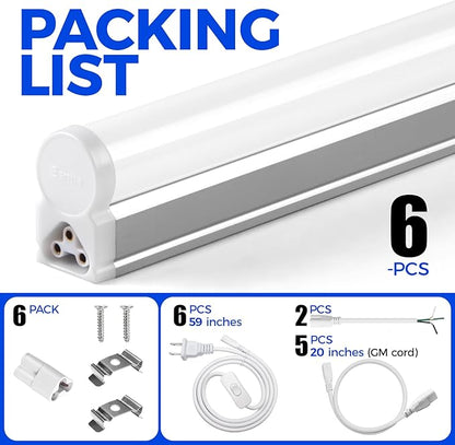 Barrina 6 Pack LED T5 Integrated Single Fixture, 4FT, 2200lm, 3000K (Warm White), 20W, Utility Shop Lights, Ceiling and Under Cabinet Light, ETL Listed, Grow Light with Built-in ON/Off Switch