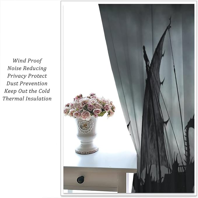 Viking Ship Blackout Curtains,Gloomy Misty Lake Landscape Fantasy Black White Color Sailing Dragon Boat Window Drapes for Boys Girls Bedroom Living Room,Norse Decor 55x63in