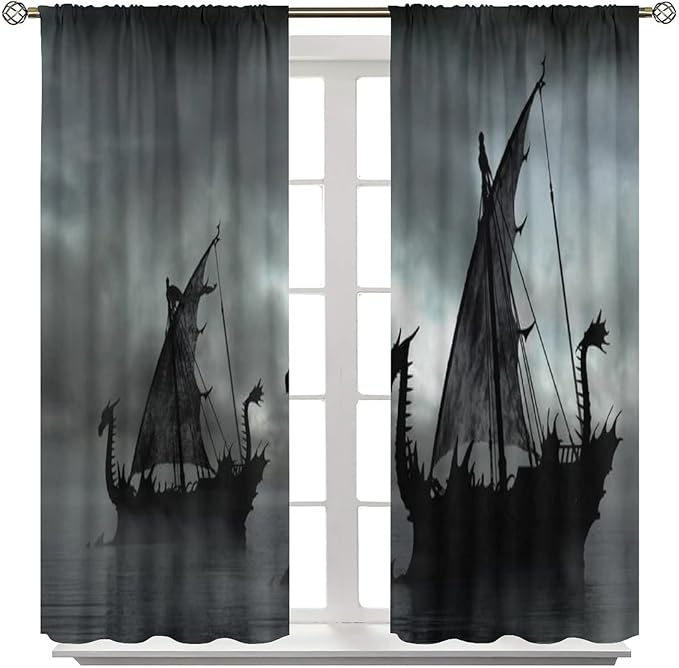 Viking Ship Blackout Curtains,Gloomy Misty Lake Landscape Fantasy Black White Color Sailing Dragon Boat Window Drapes for Boys Girls Bedroom Living Room,Norse Decor 55x63in