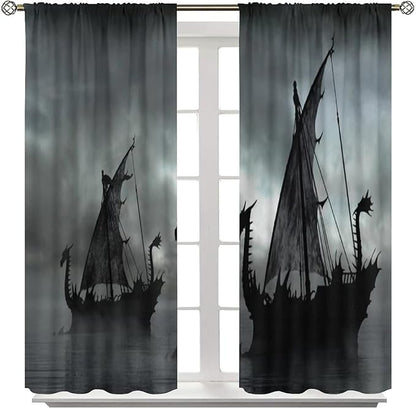 Viking Ship Blackout Curtains,Gloomy Misty Lake Landscape Fantasy Black White Color Sailing Dragon Boat Window Drapes for Boys Girls Bedroom Living Room,Norse Decor 55x63in