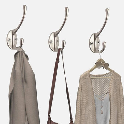 IBosins 10 Pack Heavy Duty Dual Coat Hooks Wall Mounted with 40 Screws Retro Double Hooks Utility Silvery Hooks for Coat, Scarf, Bag, Towel, Key, Cap, Cup, Hat (Silvery)
