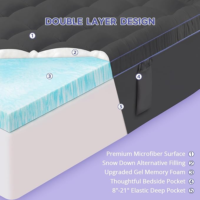ABENE Queen Dual Layer 3 Inch Memory Foam Mattress Topper, 2 Inch Gel Memory Foam Plus 1 Inch Down Alternative Pillowtop Mattress Pad Cover, Soft Gray Bed Topper Support for Pressure Relief