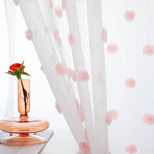 MYSKY HOME Short Curtains for Kitchen Windows Pink Pom Pom Curtains for Bedroom Light Filtering White Sheer Curtains for Nursery Cafe Bathroom Privacy Rod Pocket Bohemian Voile 38 x 45 inch 2 Panels