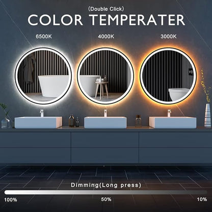 LED Sensor Mirror, Round Human Body Induction, Black Framed Vanity Mirror, Illuminated Dimmable Anti Fog IP44 Waterproof Wall Mounted Mirror (24" L x 24" W)