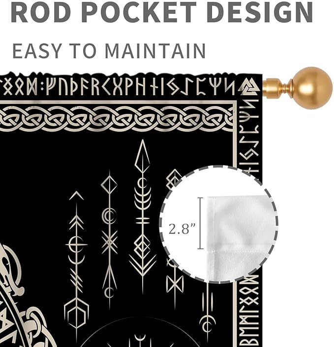 Viking Curtains, Nordic Tree of Life Celtic Rune Scandinavian Gothic Norse Mythology Aesthetic Retro Drapery for Bedroom Living Room Bathroom Window 2 Panel Set, 52"x84" Inch